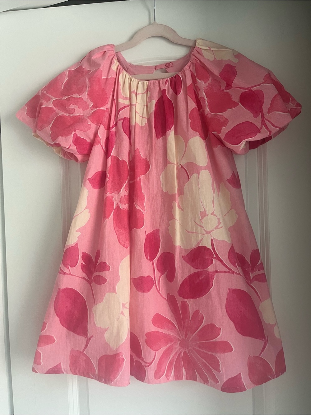 Zara Pink and Cream Floral Puff-Sleeve Dress